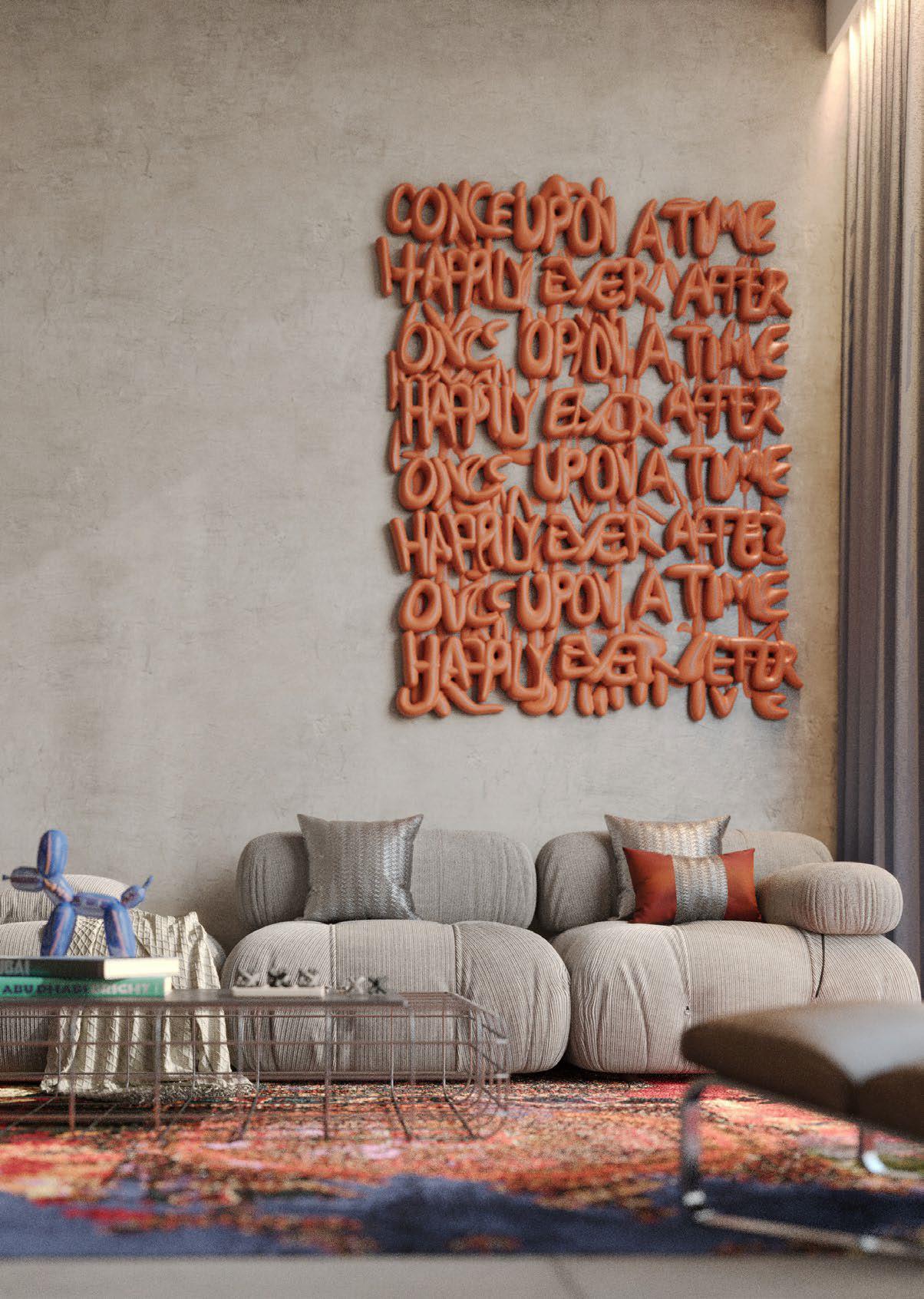 Raw District lounge with curated wall art and modular sofa